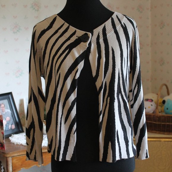 Evie Gray Zebra Stripe Cardigan, Silk Blend, Small - Picture 1 of 6